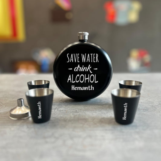 Round Hip Flask Gift Set – Engraved Stainless Steel Combo