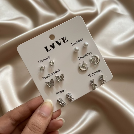 6 Silver Stud Earrings Combo