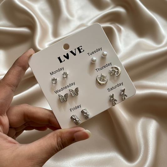 6 Silver Stud Earrings Combo