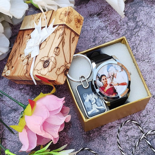 Stainless Steel Keychain + Photo Watch Unisex Combo