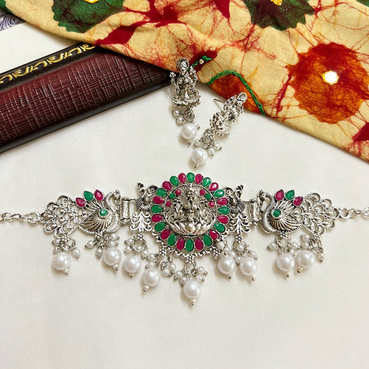 Indian Intricate Design Oxidised Choker Necklace and Jhumkas Set