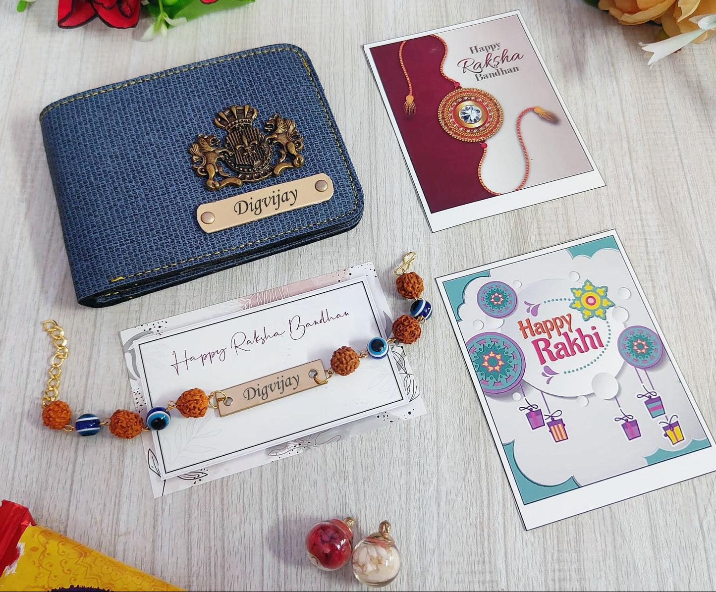 Personalized Trendy Denim Wallet & Evil Eye Rakhi Combo
