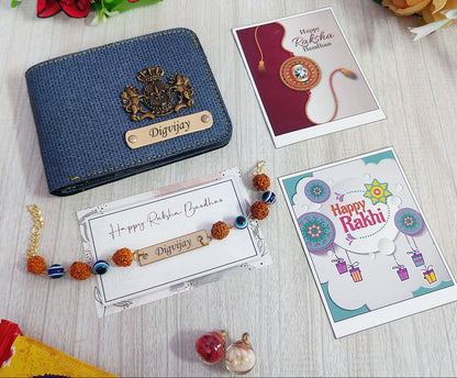 Personalized Trendy Denim Wallet & Evil Eye Rakhi Combo