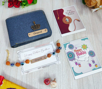 Personalized Trendy Denim Wallet & Evil Eye Rakhi Combo