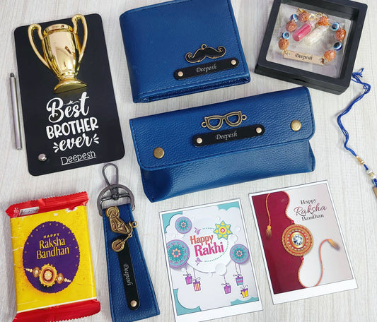 Personalized Premium Italian Leather & Trophy Rakhi Combo