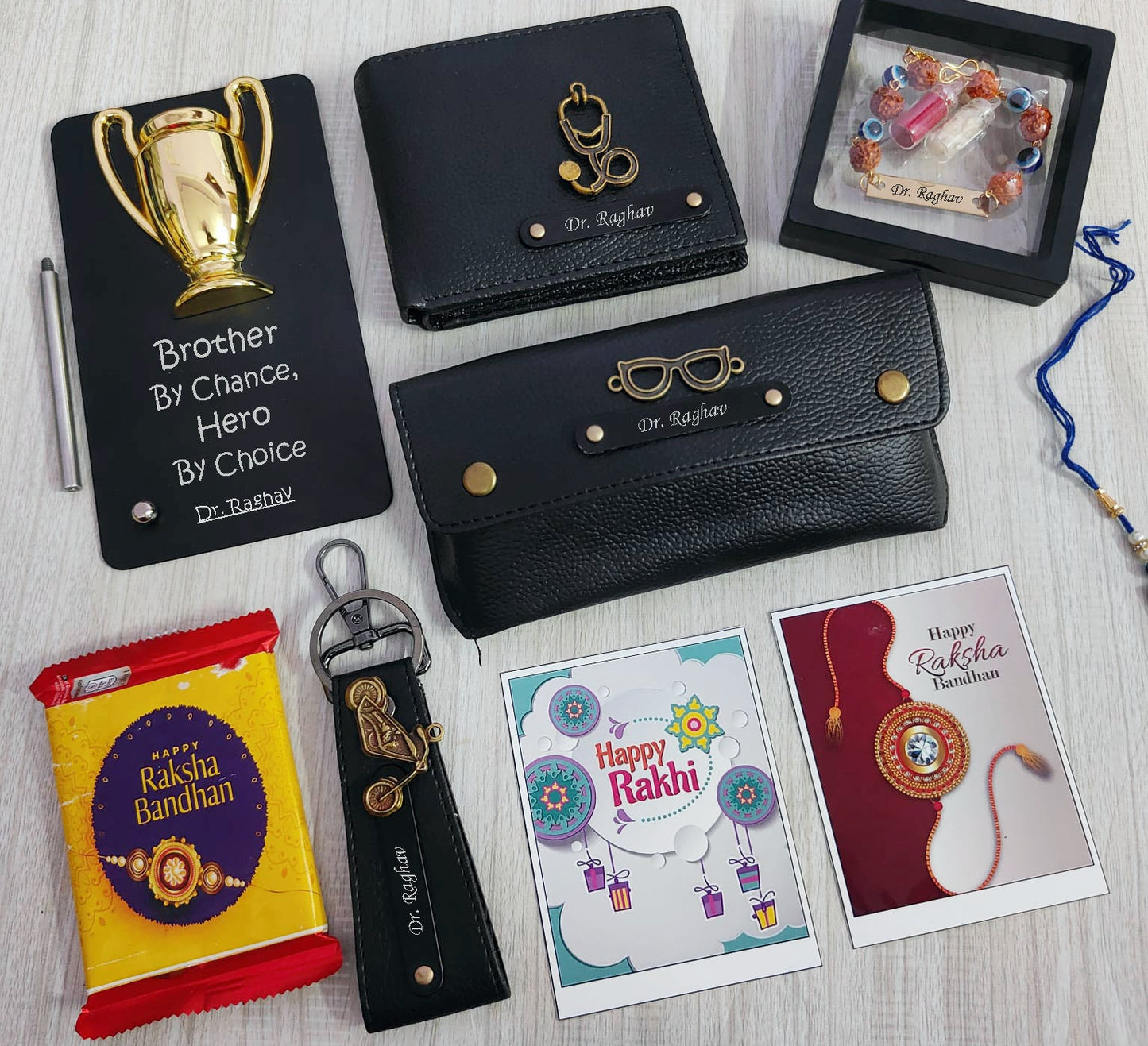 Personalized Premium Italian Leather & Trophy Rakhi Combo