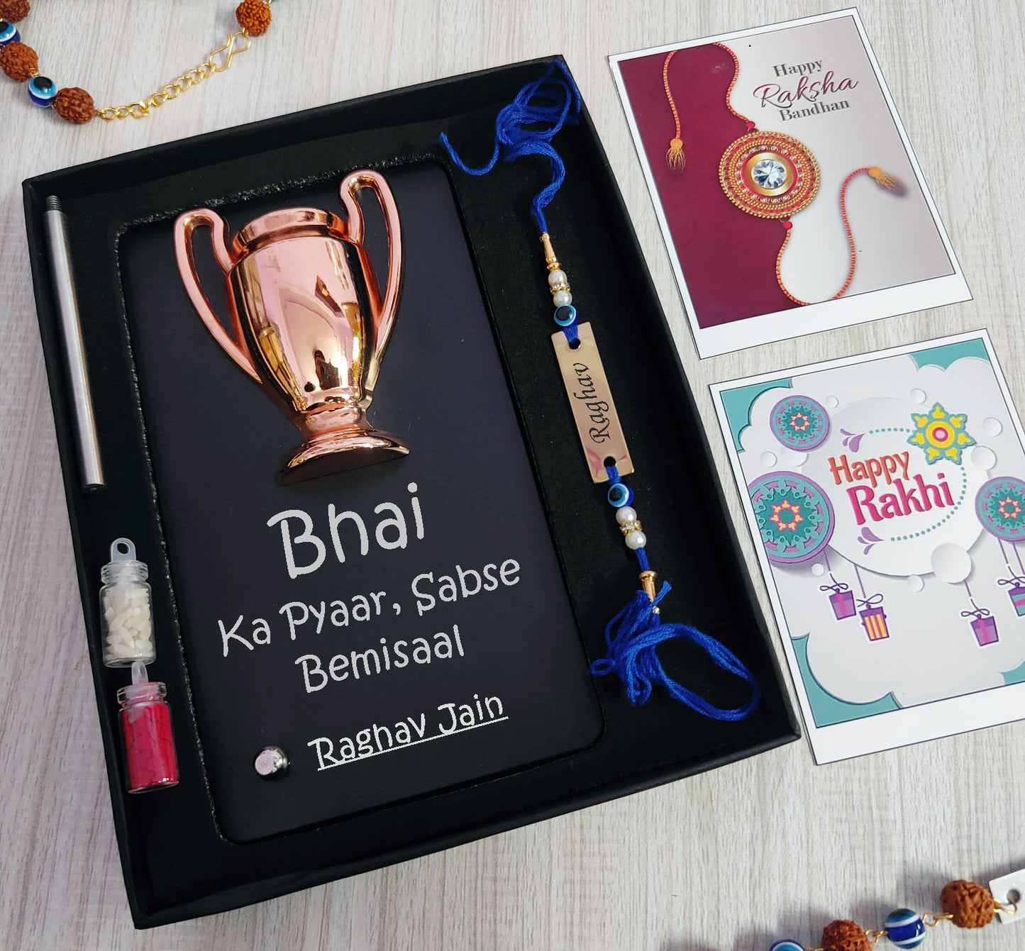 Personalized Trophy & Evil Eye Rakhi Combo