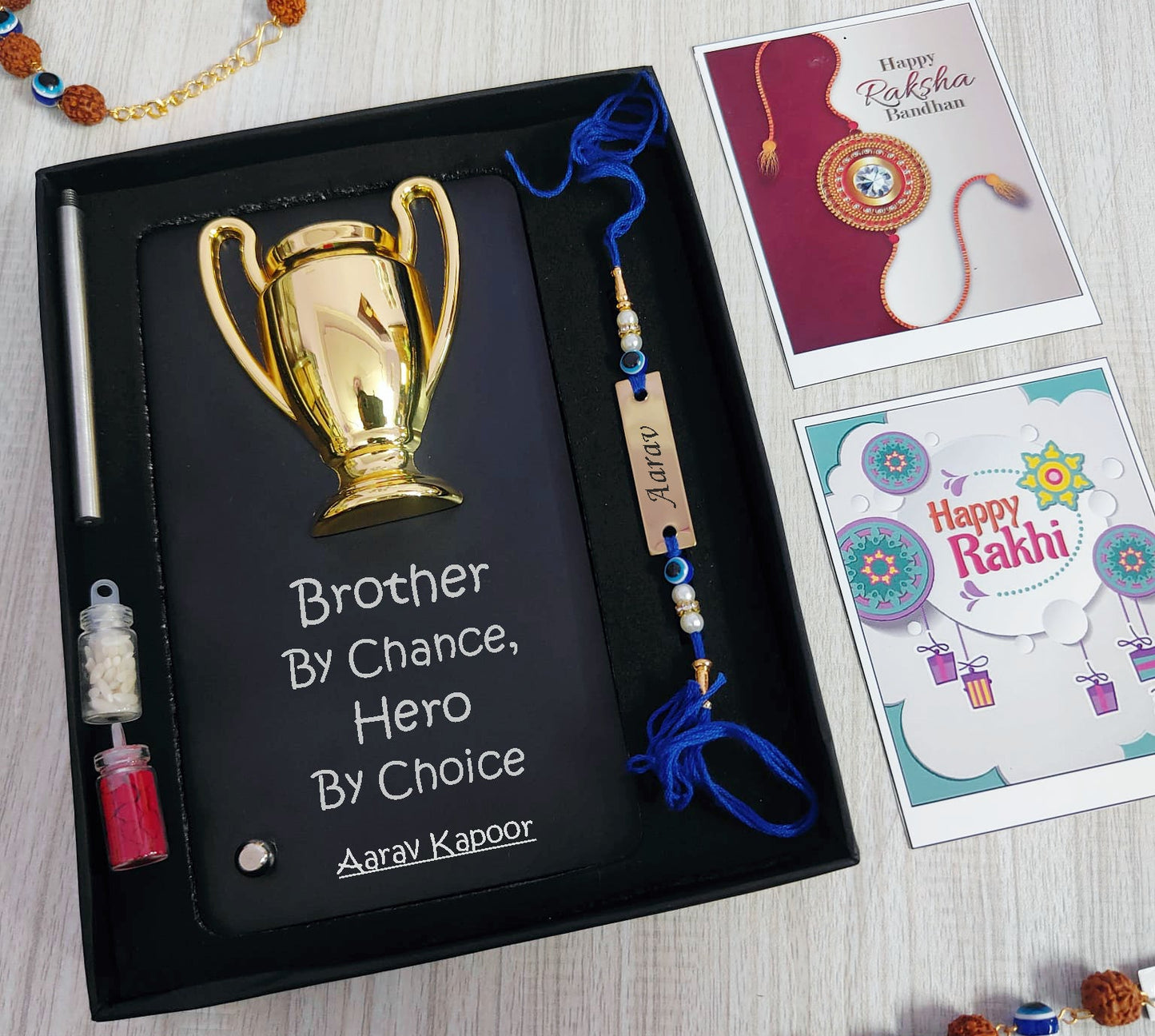 Personalized Trophy & Evil Eye Rakhi Combo