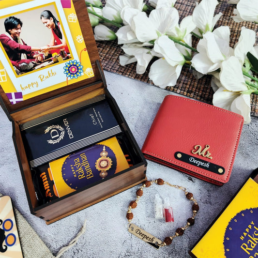 Personalized Premium Wooden Box Rakhi Hamper