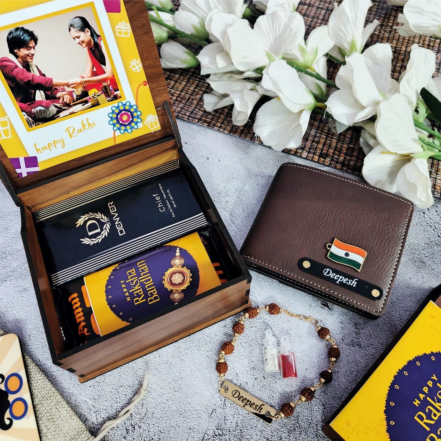Personalized Premium Wooden Box Rakhi Hamper