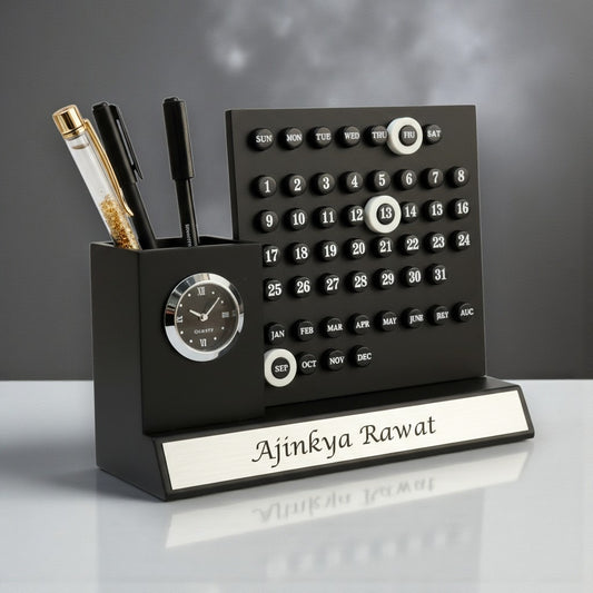 Personalized Infinity Calendar Pen Stand With Clock