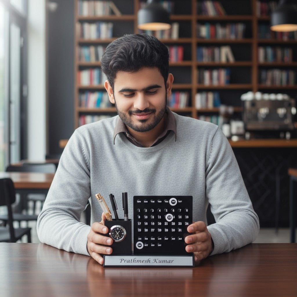 Personalized Infinity Calendar Pen Stand With Clock
