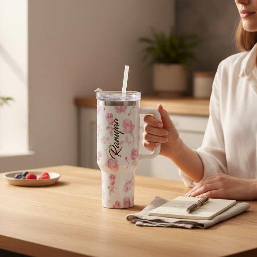 Personalized Stainless Steel Marble and Floral Print Tumblers
