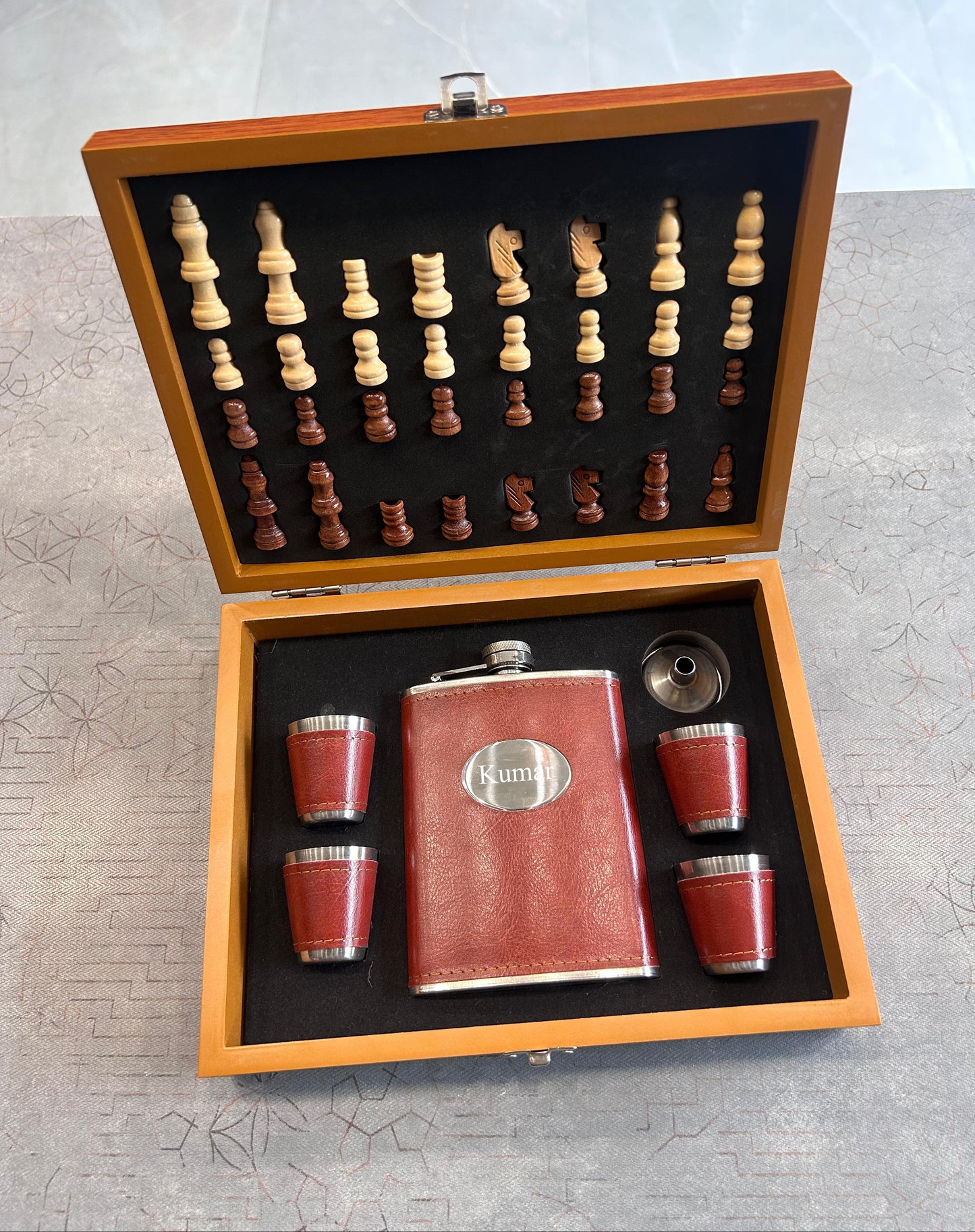 Personalized Wooden Chess Box & Hip Flask Set