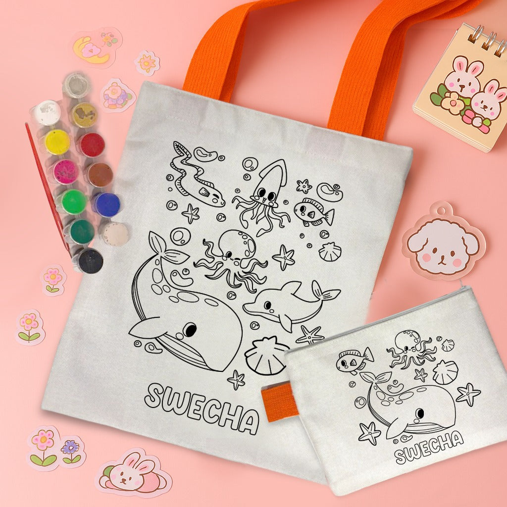 Kids DIY Coloring Tote Bag & Pouch Combo