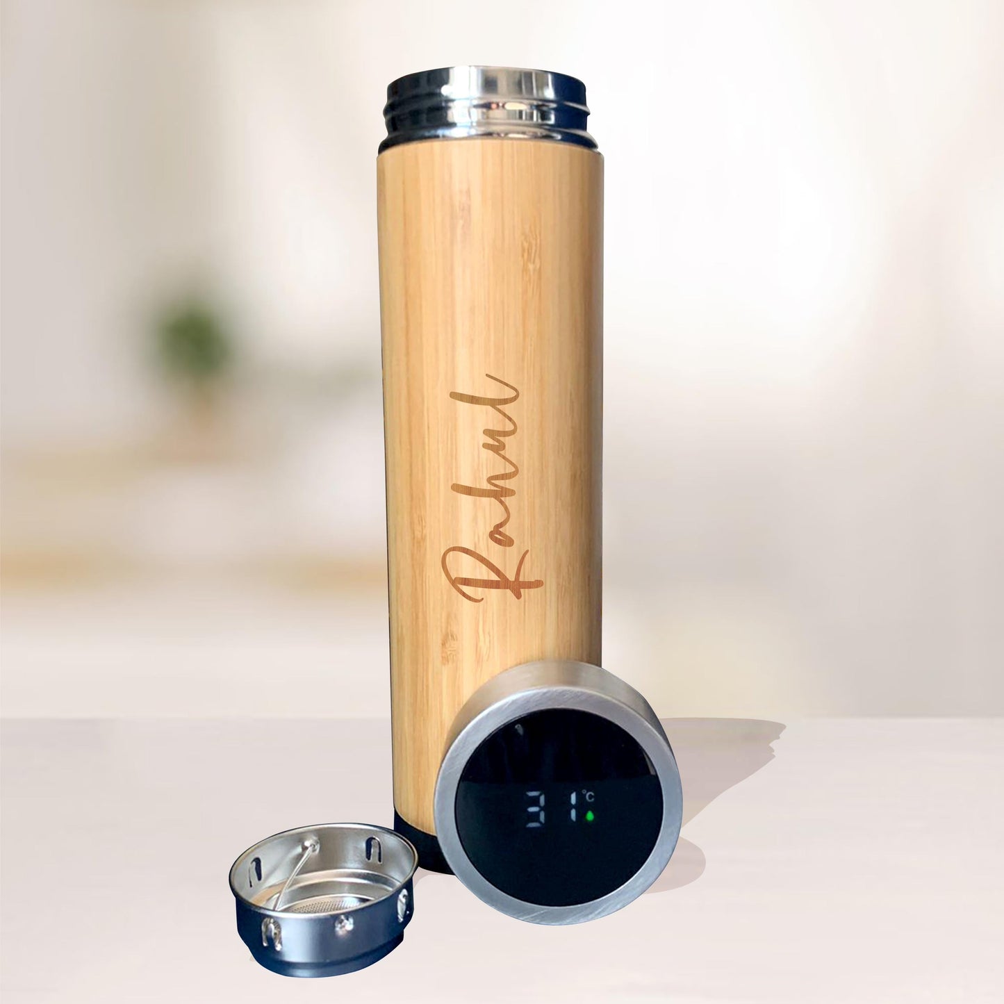 Personalized Bamboo LED Temperature Flask (500 ML)