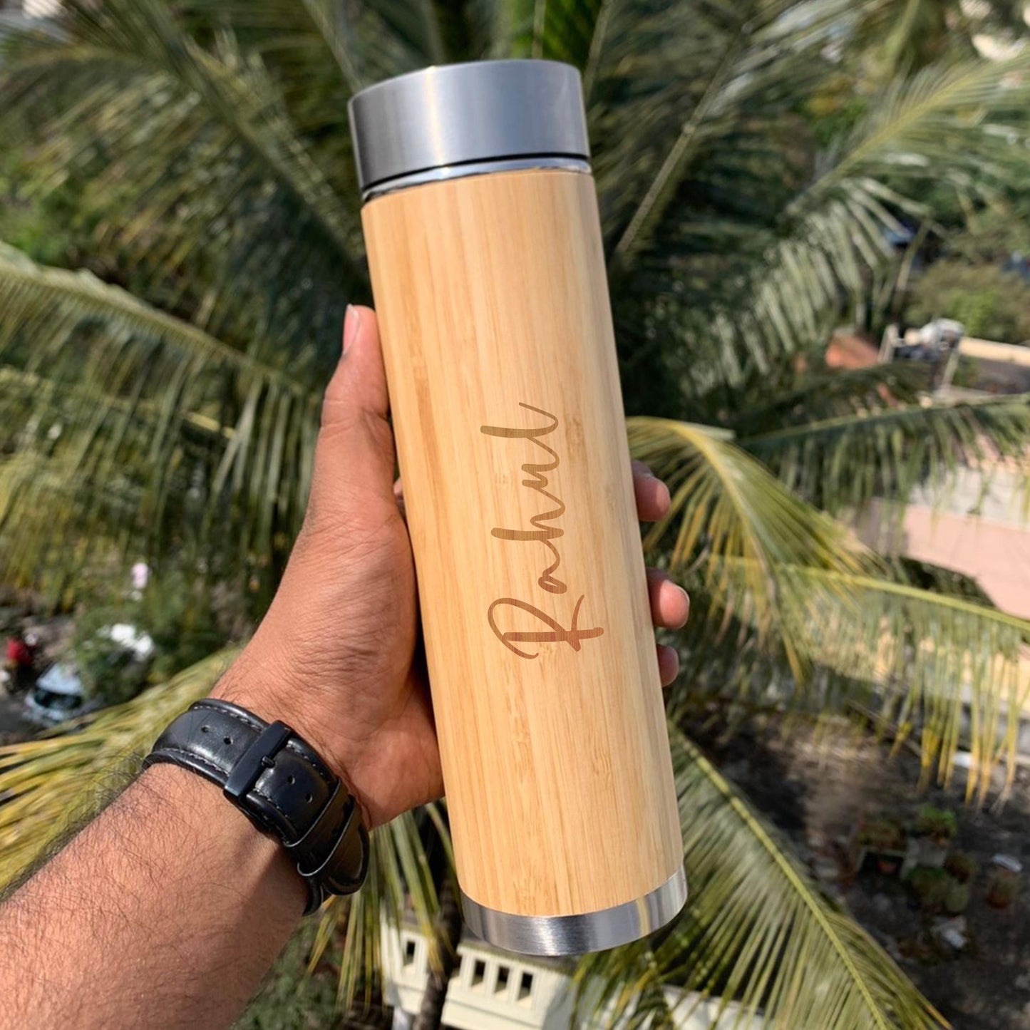 Personalized Bamboo LED Temperature Flask (500 ML)