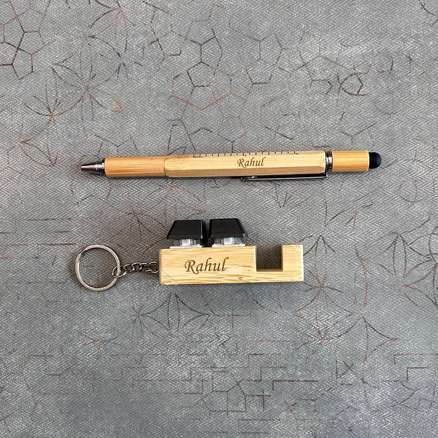 Personalized Bamboo Tool Pen & Keychain Set