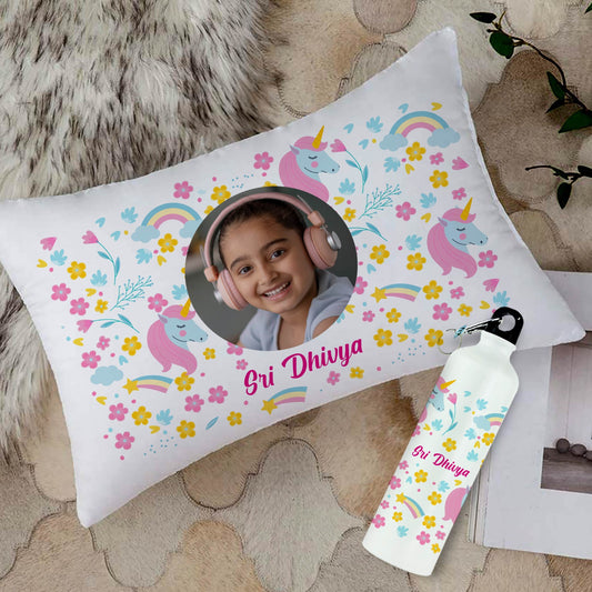 Personalized Kids Photo Cushion & Metal Bottle Combo