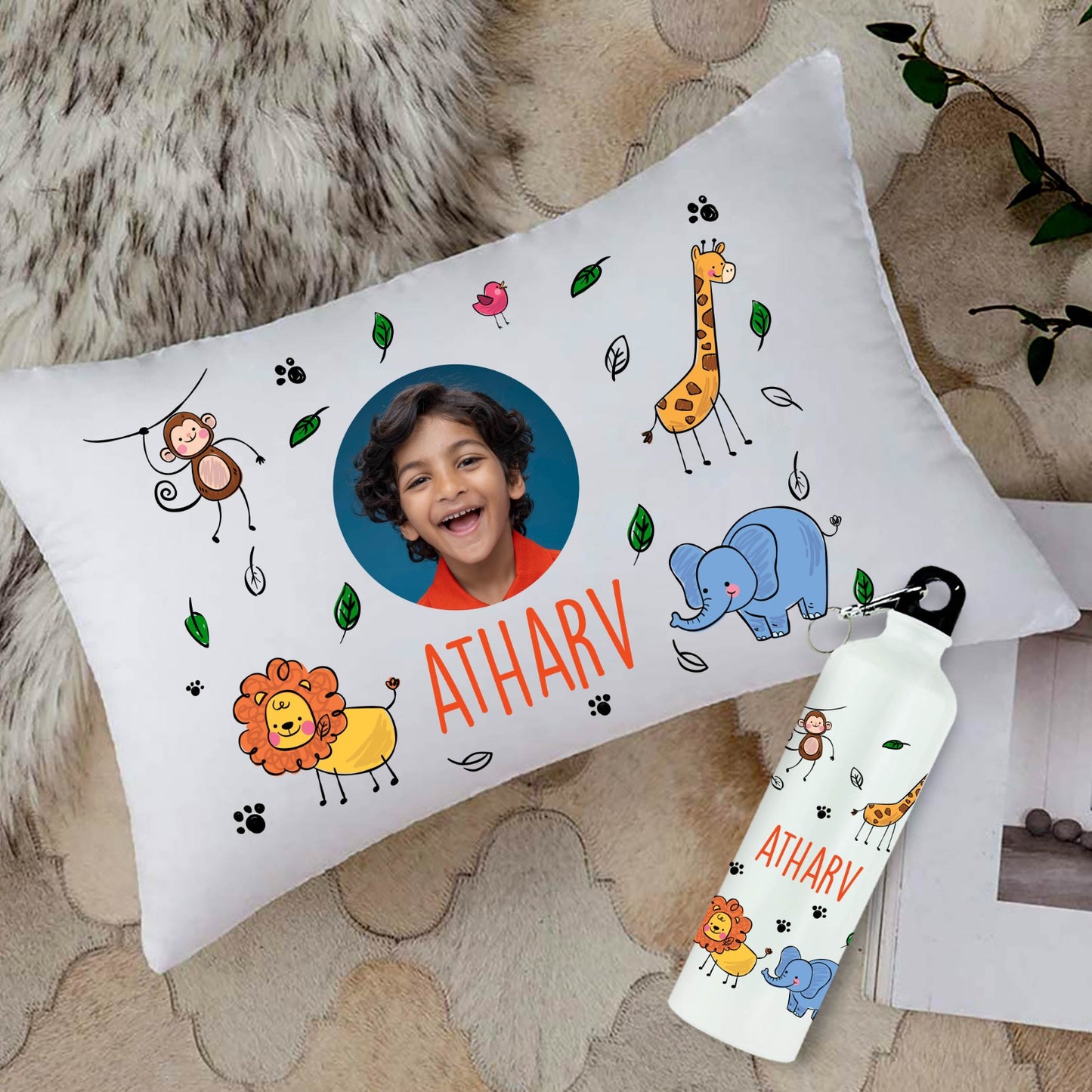 Personalized Kids Photo Cushion & Metal Bottle Combo