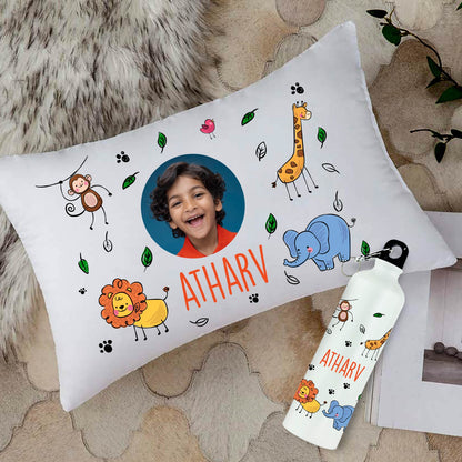 Personalized Kids Photo Cushion & Metal Bottle Combo