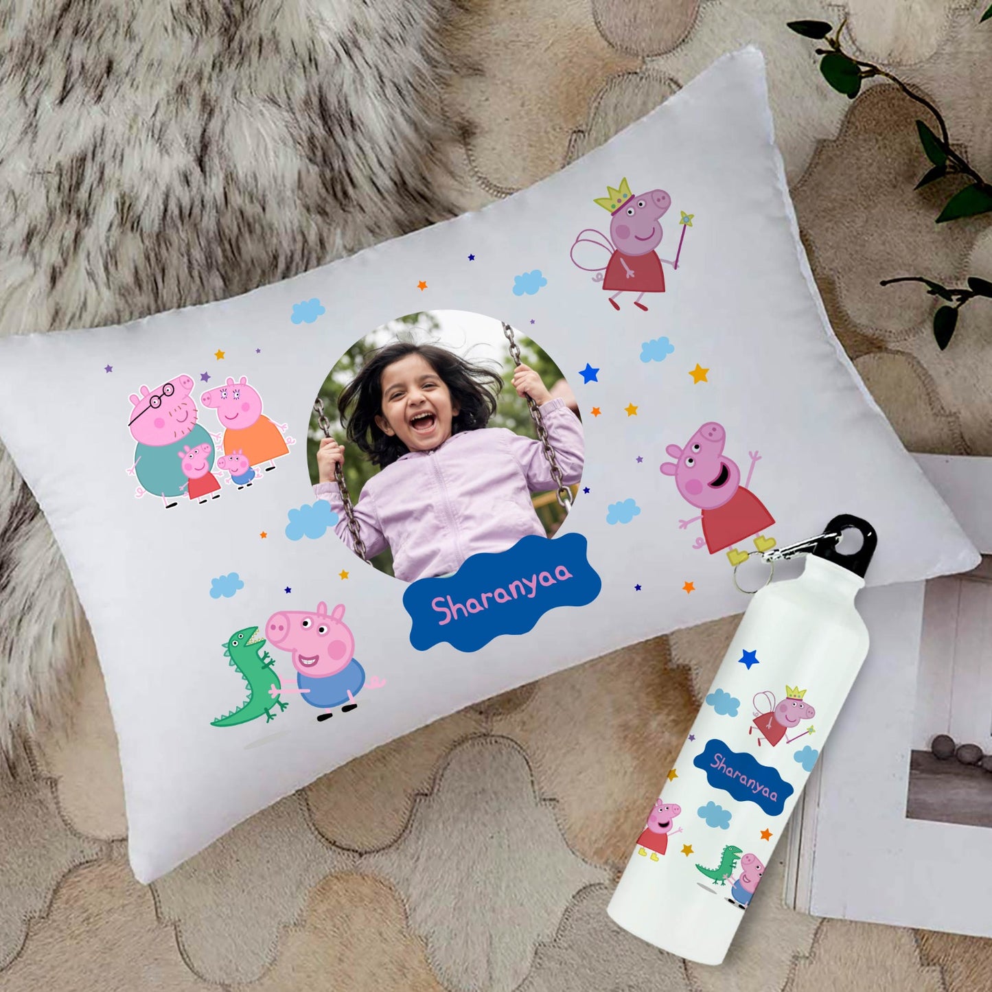 Personalized Kids Photo Cushion & Metal Bottle Combo