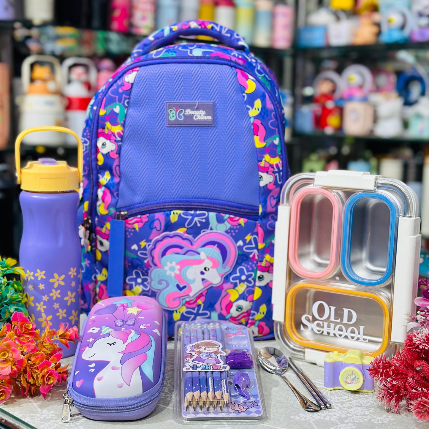 Unicorn Theme Backpack Hamper | 16 Inch School Bag with Bottle, Lunch Box & Stationery