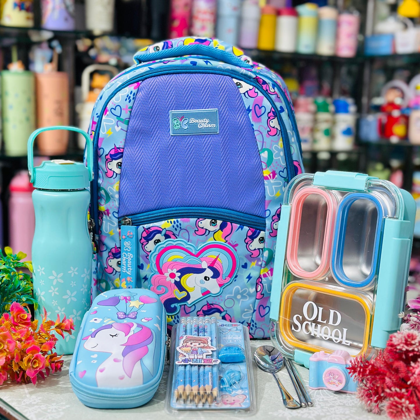 Unicorn Theme Backpack Hamper | 16 Inch School Bag with Bottle, Lunch Box & Stationery