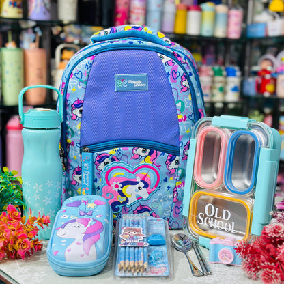 Unicorn Theme Backpack Hamper | 16 Inch School Bag with Bottle, Lunch Box & Stationery