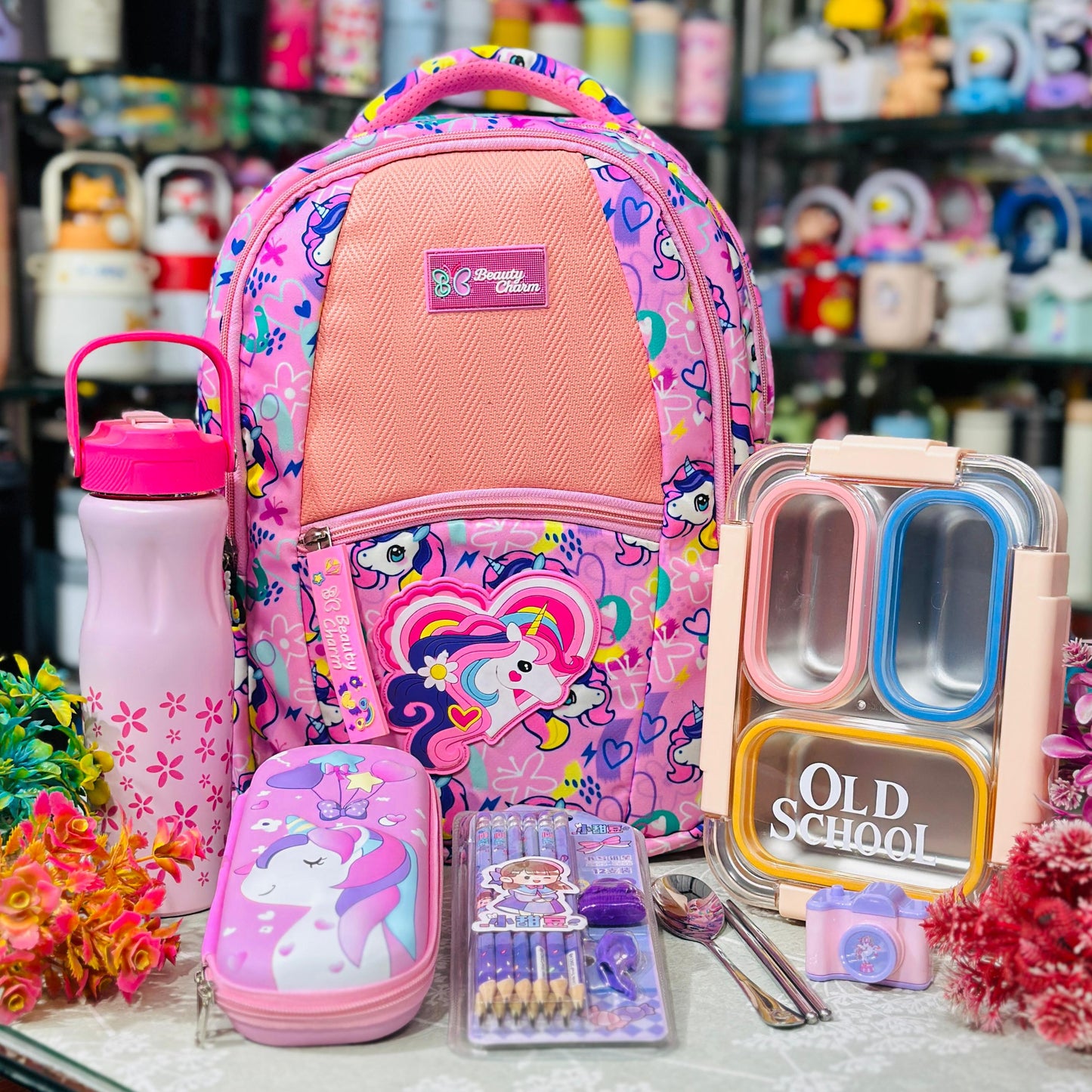 Unicorn Theme Backpack Hamper | 16 Inch School Bag with Bottle, Lunch Box & Stationery