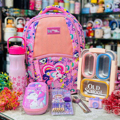 Unicorn Theme Backpack Hamper | 16 Inch School Bag with Bottle, Lunch Box & Stationery
