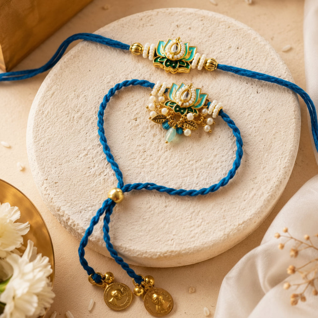 Designer Lotus Bhai Bhabhi Rakhi Set