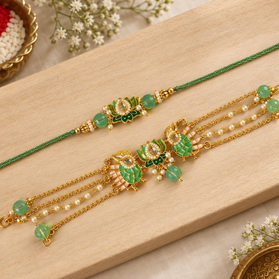 Lotus & Elephant Motif Rakhi Couple Pair