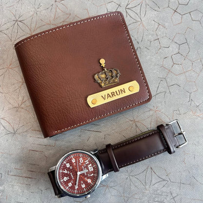 Personalized Premium Leather Wallet + Wrist Watch Combo