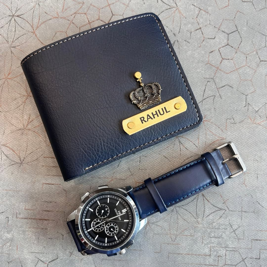 Personalized Premium Leather Wallet + Wrist Watch Combo