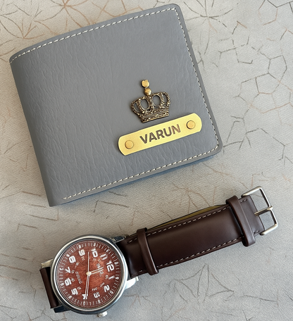 Personalized Premium Leather Wallet + Wrist Watch Combo