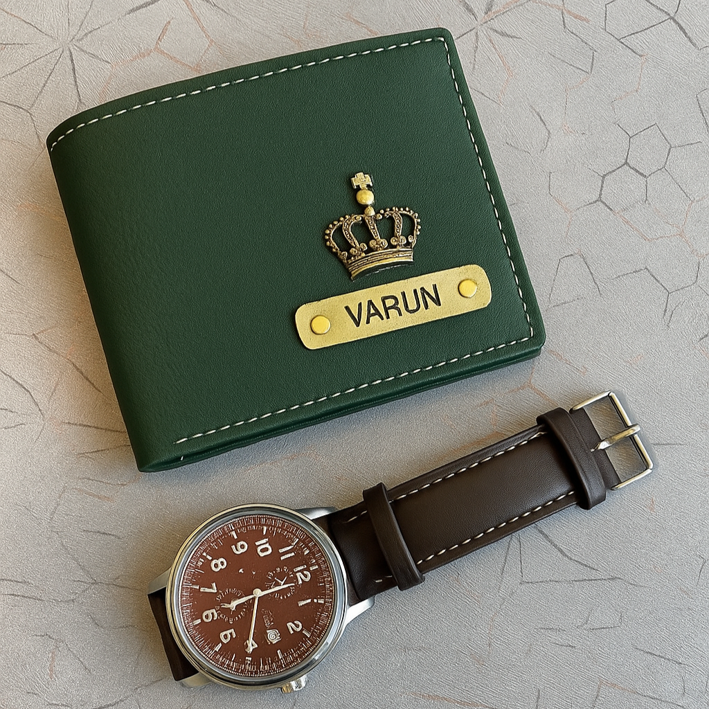 Personalized Premium Leather Wallet + Wrist Watch Combo