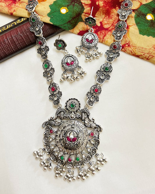 Traditional Long Oxidised Necklace & Earrings Set
