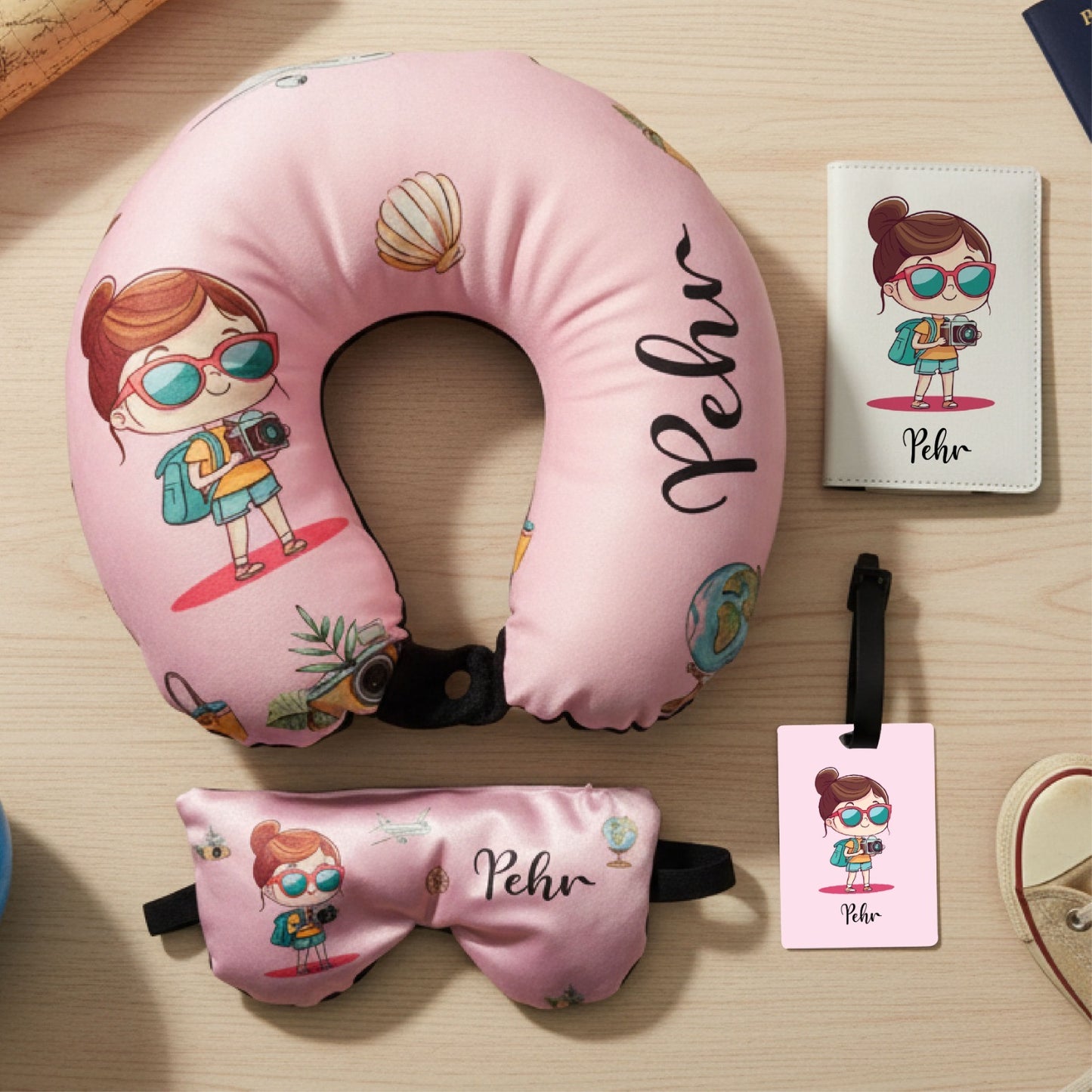 Personalised Kids Travel Neck Pillow Set