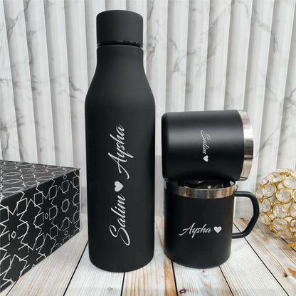 Personalized Stainless Steel Vacuumed Bottle + Stainless Steel Mug (Black)