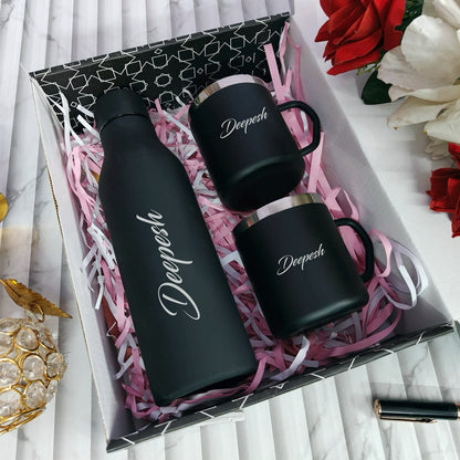 Personalized Stainless Steel Vacuumed Bottle + Stainless Steel Mug (Black)