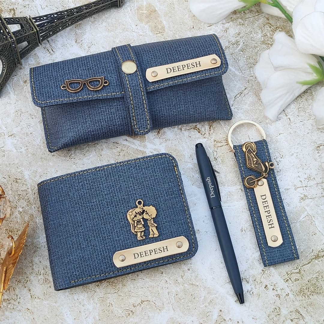 Personalized Denim 4-in-1 Wallet, Eyewear Case, Keychain & Pen Combo