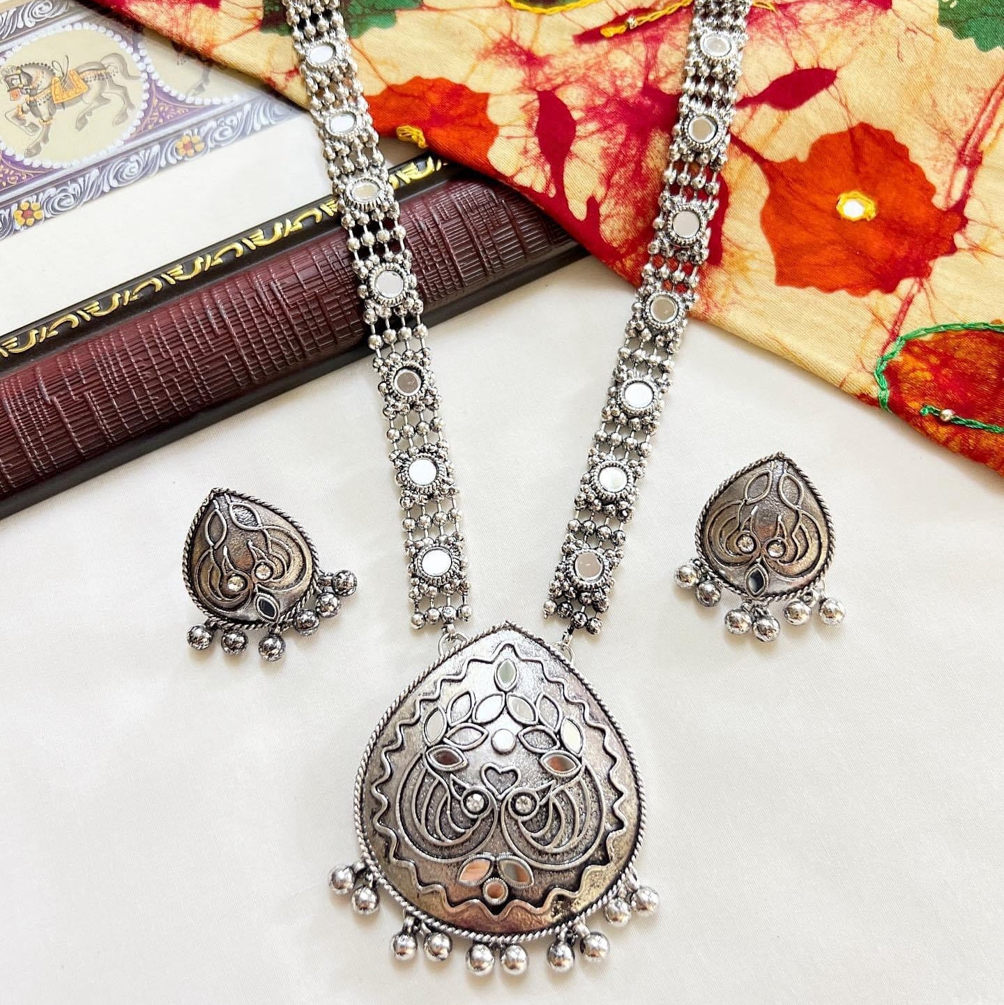 Oxidised Long Necklace & Earrings Set – Statement Ethnic Jewellery