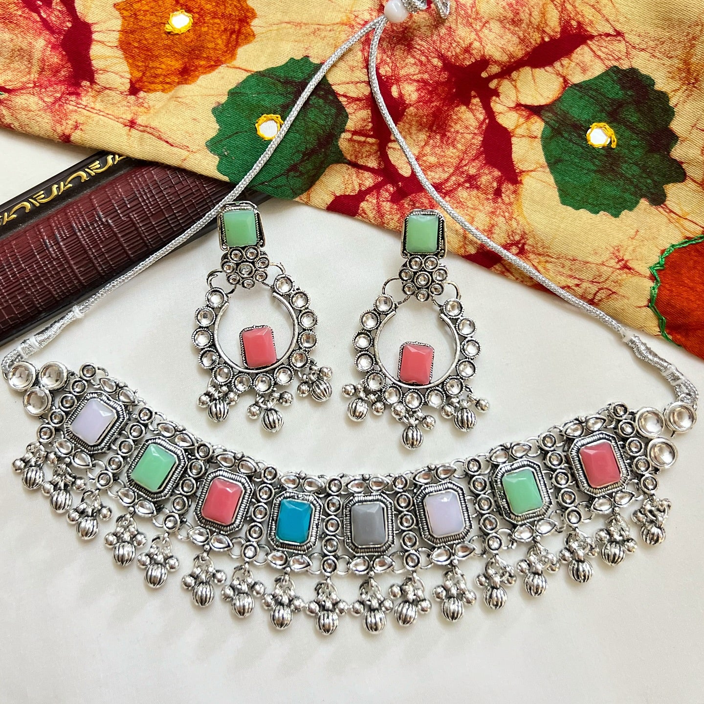Indian Traditional Oxidised Multicolor Choker Necklace and Earrings Set