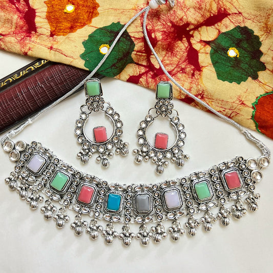 Indian Traditional Oxidised Multicolor Choker Necklace and Earrings Set