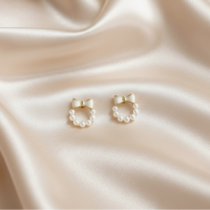 Korean Bow Pearl Earrings