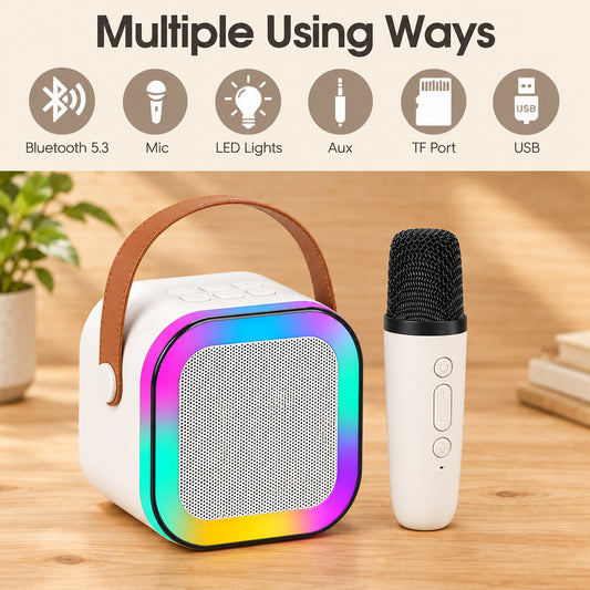 Personalised Mini Portable Blue-Tooth Karaoke Speaker with Wireless Microphone and Dynamic Lights